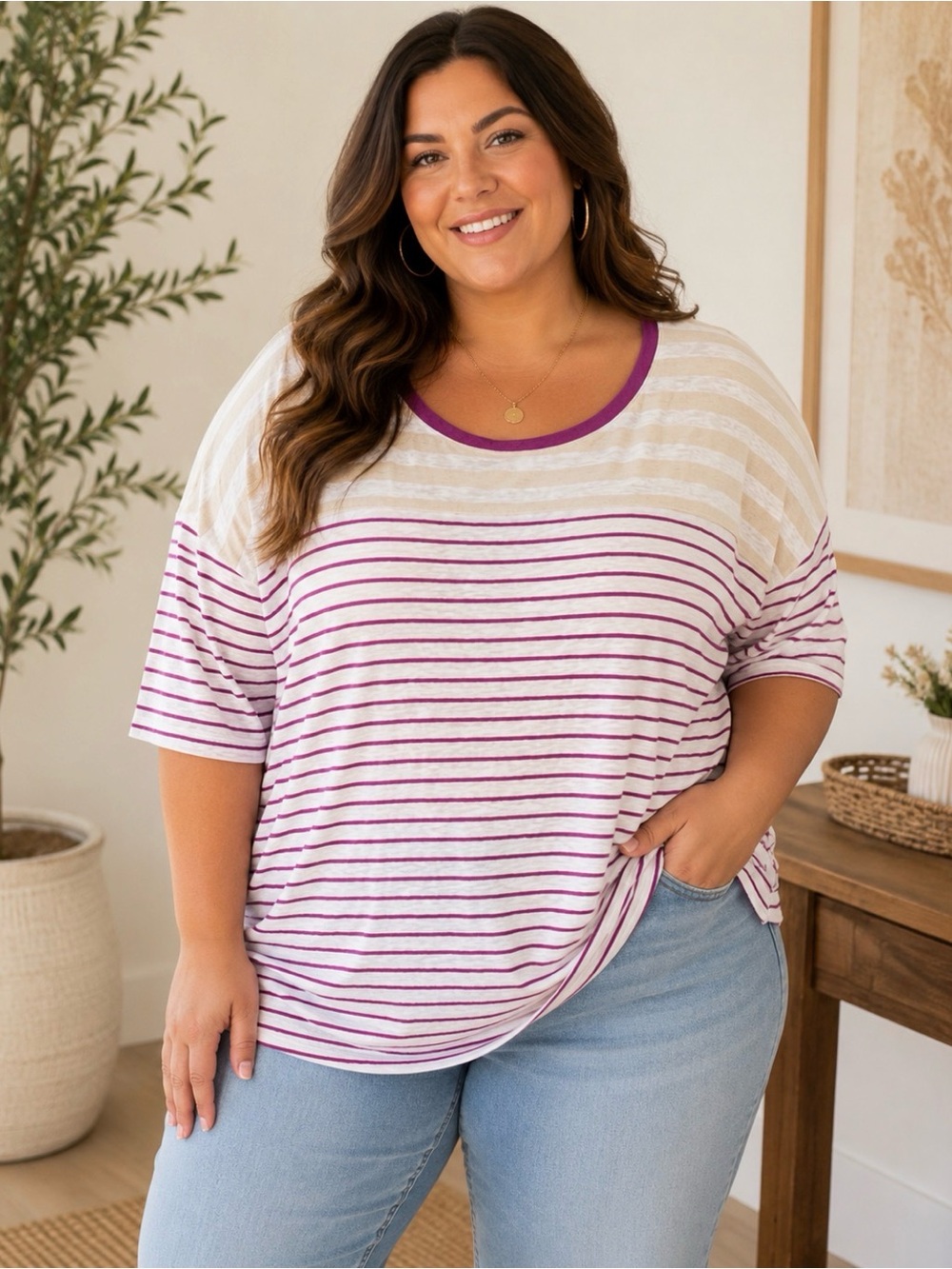 Lane Bryant Women’s Plus Size 26/28 Linen Blend Striped Top Purple Beige